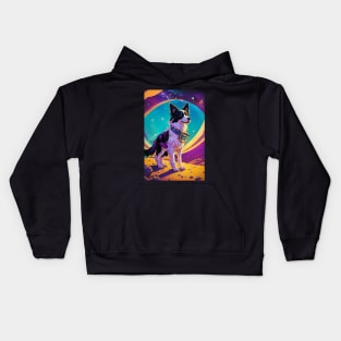 Retro Border collie dog travel in space Kids Hoodie